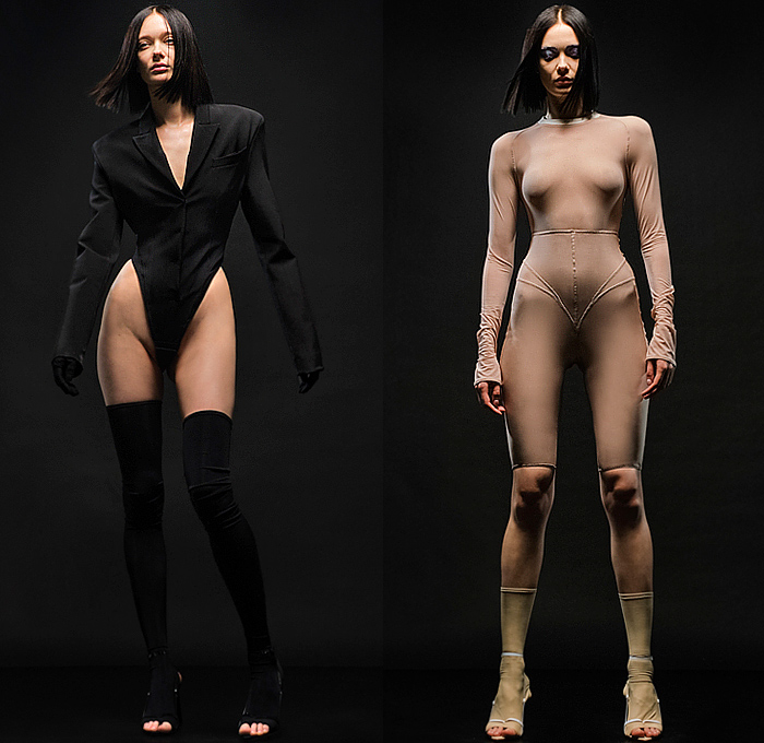 Alessandro Vigilante 2023 Spring Summer Womens Lookbook - Milano Moda Donna Milan Fashion Week Italy - Body Language Onesie Blazerdress Leotard Unitard Jumpsuit Bodysuit Bodycon Cross Wrap Long Sleeve Cutout Slit Strapless Blouse Bedazzled Triangular Mirrors Utility Pockets Cargo Shorts Drawstring Sheer Tulle Organza One Shoulder Crop Top Midriff Angular Miniskirt Latex Stretchy Rubber Dress Gown Twisted Tights Stockings Leggings Stiletto Heels 