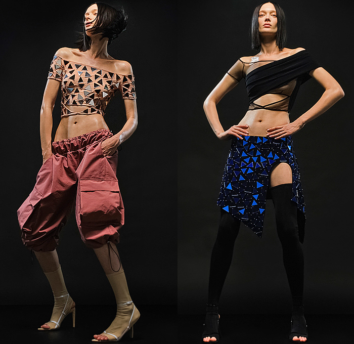 Alessandro Vigilante 2023 Spring Summer Womens Lookbook - Milano Moda Donna Milan Fashion Week Italy - Body Language Onesie Blazerdress Leotard Unitard Jumpsuit Bodysuit Bodycon Cross Wrap Long Sleeve Cutout Slit Strapless Blouse Bedazzled Triangular Mirrors Utility Pockets Cargo Shorts Drawstring Sheer Tulle Organza One Shoulder Crop Top Midriff Angular Miniskirt Latex Stretchy Rubber Dress Gown Twisted Tights Stockings Leggings Stiletto Heels 