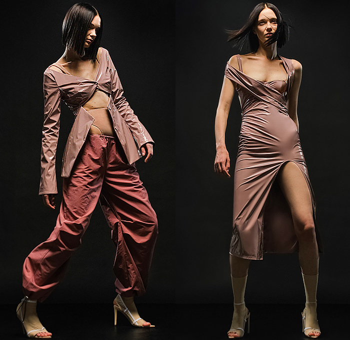 Alessandro Vigilante 2023 Spring Summer Womens Lookbook - Milano Moda Donna Milan Fashion Week Italy - Body Language Onesie Blazerdress Leotard Unitard Jumpsuit Bodysuit Bodycon Cross Wrap Long Sleeve Cutout Slit Strapless Blouse Bedazzled Triangular Mirrors Utility Pockets Cargo Shorts Drawstring Sheer Tulle Organza One Shoulder Crop Top Midriff Angular Miniskirt Latex Stretchy Rubber Dress Gown Twisted Tights Stockings Leggings Stiletto Heels 