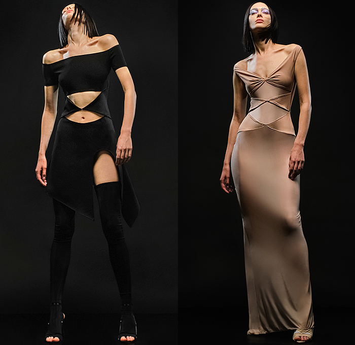 Alessandro Vigilante 2023 Spring Summer Womens Lookbook - Milano Moda Donna Milan Fashion Week Italy - Body Language Onesie Blazerdress Leotard Unitard Jumpsuit Bodysuit Bodycon Cross Wrap Long Sleeve Cutout Slit Strapless Blouse Bedazzled Triangular Mirrors Utility Pockets Cargo Shorts Drawstring Sheer Tulle Organza One Shoulder Crop Top Midriff Angular Miniskirt Latex Stretchy Rubber Dress Gown Twisted Tights Stockings Leggings Stiletto Heels 