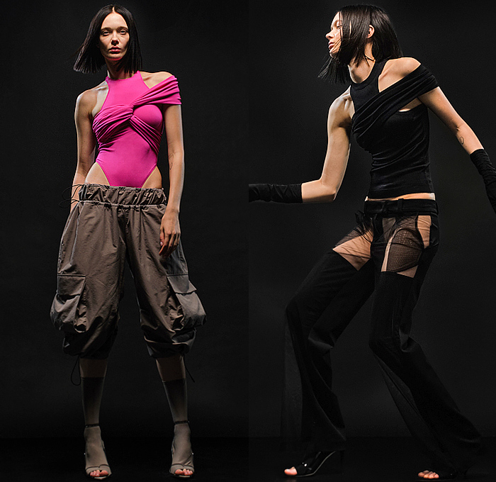 Alessandro Vigilante 2023 Spring Summer Womens Lookbook - Milano Moda Donna Milan Fashion Week Italy - Body Language Onesie Blazerdress Leotard Unitard Jumpsuit Bodysuit Bodycon Cross Wrap Long Sleeve Cutout Slit Strapless Blouse Bedazzled Triangular Mirrors Utility Pockets Cargo Shorts Drawstring Sheer Tulle Organza One Shoulder Crop Top Midriff Angular Miniskirt Latex Stretchy Rubber Dress Gown Twisted Tights Stockings Leggings Stiletto Heels 