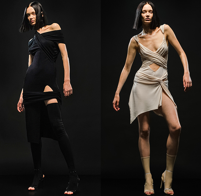 Alessandro Vigilante 2023 Spring Summer Womens Lookbook - Milano Moda Donna Milan Fashion Week Italy - Body Language Onesie Blazerdress Leotard Unitard Jumpsuit Bodysuit Bodycon Cross Wrap Long Sleeve Cutout Slit Strapless Blouse Bedazzled Triangular Mirrors Utility Pockets Cargo Shorts Drawstring Sheer Tulle Organza One Shoulder Crop Top Midriff Angular Miniskirt Latex Stretchy Rubber Dress Gown Twisted Tights Stockings Leggings Stiletto Heels 