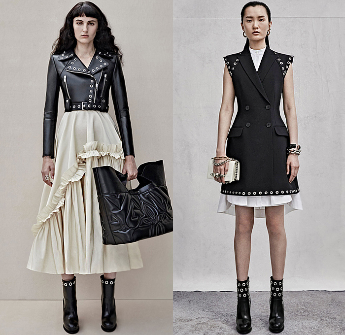 Alexander McQueen 2023 Resort Cruise Pre-Spring Womens Lookbook - Peel Away Halterneck Denim Jeans Pockets Puff Sleeves Biker Motorcycle Jacket Grommets Asymmetrical Tiered Ruffles Frills Midi Skirt Vest  Harness Shirtdress Onesie Sheer Lace Tulle Embroidery Flowers Floral Bandeau Knit Braid Cutout Crop Top Midriff Fringes Crystals Gemstones Sequins Studs Constellation Stars Dress Gown Jagged Dovetail Stains One Shoulder Cape Poncho Pantsuit Blazer Boots Chain Handbag Tote Gloves
