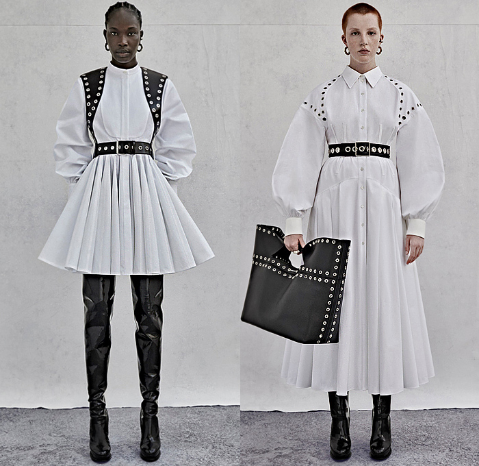 Alexander McQueen 2023 Resort Cruise Pre-Spring Womens Lookbook - Peel Away Halterneck Denim Jeans Pockets Puff Sleeves Biker Motorcycle Jacket Grommets Asymmetrical Tiered Ruffles Frills Midi Skirt Vest  Harness Shirtdress Onesie Sheer Lace Tulle Embroidery Flowers Floral Bandeau Knit Braid Cutout Crop Top Midriff Fringes Crystals Gemstones Sequins Studs Constellation Stars Dress Gown Jagged Dovetail Stains One Shoulder Cape Poncho Pantsuit Blazer Boots Chain Handbag Tote Gloves