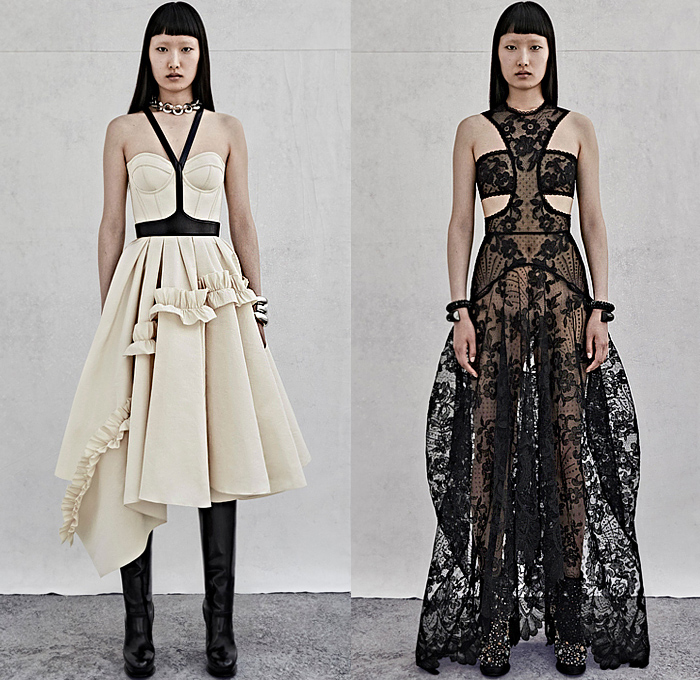 Alexander McQueen 2023 Resort Cruise Pre-Spring Womens Lookbook - Peel Away Halterneck Denim Jeans Pockets Puff Sleeves Biker Motorcycle Jacket Grommets Asymmetrical Tiered Ruffles Frills Midi Skirt Vest  Harness Shirtdress Onesie Sheer Lace Tulle Embroidery Flowers Floral Bandeau Knit Braid Cutout Crop Top Midriff Fringes Crystals Gemstones Sequins Studs Constellation Stars Dress Gown Jagged Dovetail Stains One Shoulder Cape Poncho Pantsuit Blazer Boots Chain Handbag Tote Gloves