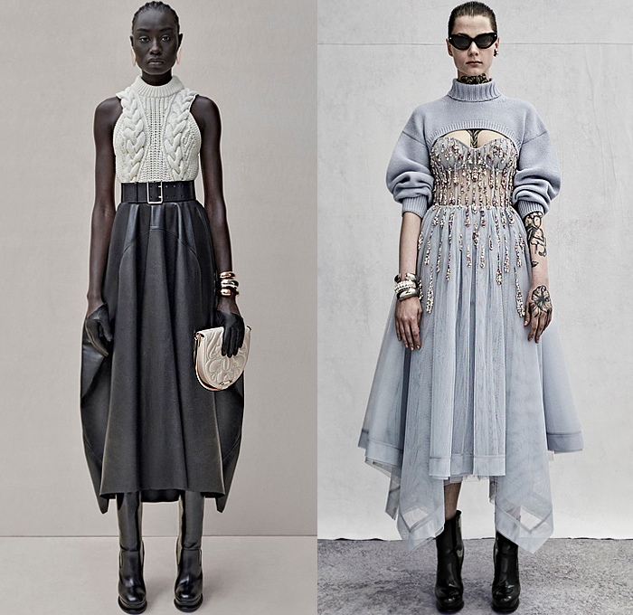 Alexander McQueen 2023 Resort Cruise Pre-Spring Womens Lookbook - Peel Away Halterneck Denim Jeans Pockets Puff Sleeves Biker Motorcycle Jacket Grommets Asymmetrical Tiered Ruffles Frills Midi Skirt Vest  Harness Shirtdress Onesie Sheer Lace Tulle Embroidery Flowers Floral Bandeau Knit Braid Cutout Crop Top Midriff Fringes Crystals Gemstones Sequins Studs Constellation Stars Dress Gown Jagged Dovetail Stains One Shoulder Cape Poncho Pantsuit Blazer Boots Chain Handbag Tote Gloves