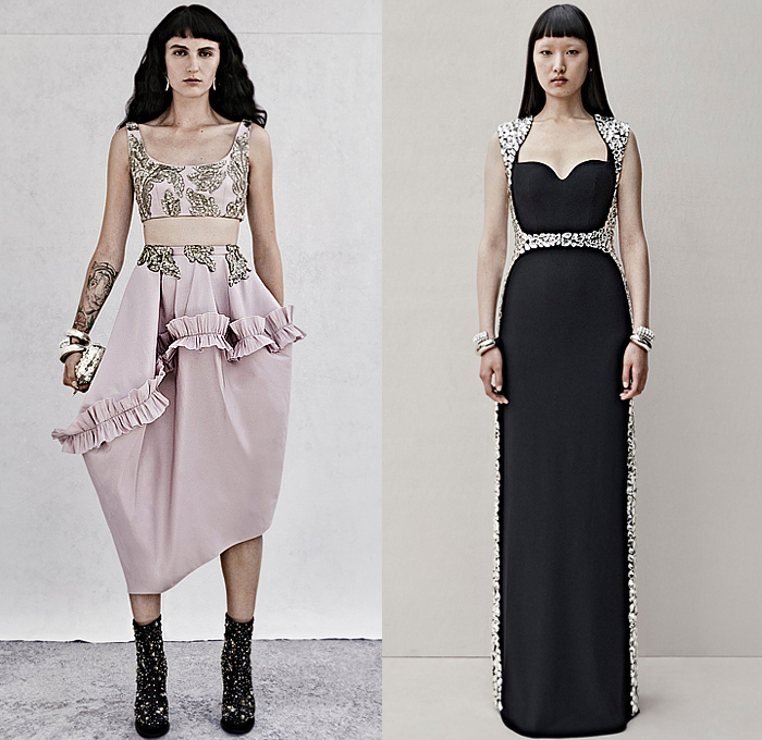 Alexander McQueen 2023 Resort Cruise Pre-Spring Womens Lookbook - Peel Away Halterneck Denim Jeans Pockets Puff Sleeves Biker Motorcycle Jacket Grommets Asymmetrical Tiered Ruffles Frills Midi Skirt Vest  Harness Shirtdress Onesie Sheer Lace Tulle Embroidery Flowers Floral Bandeau Knit Braid Cutout Crop Top Midriff Fringes Crystals Gemstones Sequins Studs Constellation Stars Dress Gown Jagged Dovetail Stains One Shoulder Cape Poncho Pantsuit Blazer Boots Chain Handbag Tote Gloves