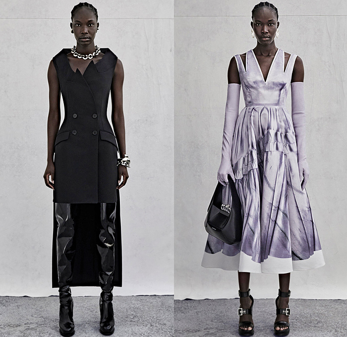 Alexander McQueen 2023 Resort Cruise Pre-Spring Womens Lookbook - Peel Away Halterneck Denim Jeans Pockets Puff Sleeves Biker Motorcycle Jacket Grommets Asymmetrical Tiered Ruffles Frills Midi Skirt Vest  Harness Shirtdress Onesie Sheer Lace Tulle Embroidery Flowers Floral Bandeau Knit Braid Cutout Crop Top Midriff Fringes Crystals Gemstones Sequins Studs Constellation Stars Dress Gown Jagged Dovetail Stains One Shoulder Cape Poncho Pantsuit Blazer Boots Chain Handbag Tote Gloves