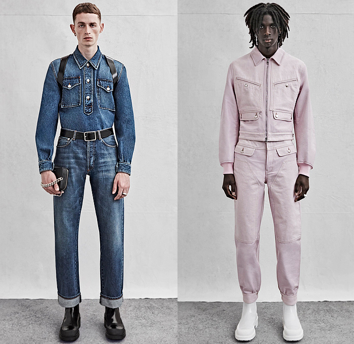 Alexander McQueen 2023 Spring Summer Mens Lookbook Presentation - Denim Jeans Jacket Utility Pockets Leather Grunge Paint Strip Trench Coat Suit Blazer Cape Hanging Sleeve Bedazzled Crystals Studs Comets Letters Typography Holes Cutout Knit Sweater Caftan Kaftan Shirtdress Single Button Vest Backpack Straps Woodworker Pants Workwear Shorts Wide Leg Tapered Cuffs Manpurse Tote Bag Boots Sneakers