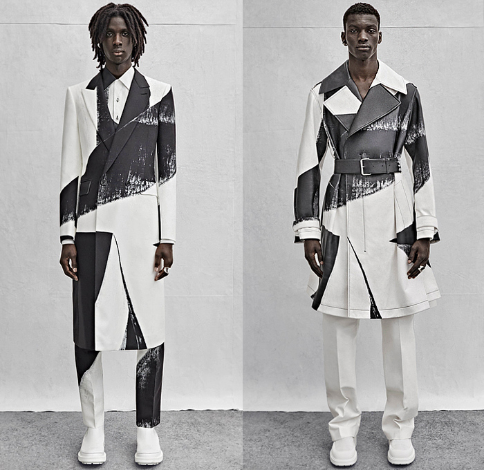 Alexander McQueen 2023 Spring Summer Mens Lookbook Presentation - Denim Jeans Jacket Utility Pockets Leather Grunge Paint Strip Trench Coat Suit Blazer Cape Hanging Sleeve Bedazzled Crystals Studs Comets Letters Typography Holes Cutout Knit Sweater Caftan Kaftan Shirtdress Single Button Vest Backpack Straps Woodworker Pants Workwear Shorts Wide Leg Tapered Cuffs Manpurse Tote Bag Boots Sneakers