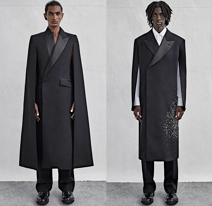 Alexander McQueen 2023 Spring Summer Mens Lookbook Presentation - Denim Jeans Jacket Utility Pockets Leather Grunge Paint Strip Trench Coat Suit Blazer Cape Hanging Sleeve Bedazzled Crystals Studs Comets Letters Typography Holes Cutout Knit Sweater Caftan Kaftan Shirtdress Single Button Vest Backpack Straps Woodworker Pants Workwear Shorts Wide Leg Tapered Cuffs Manpurse Tote Bag Boots Sneakers