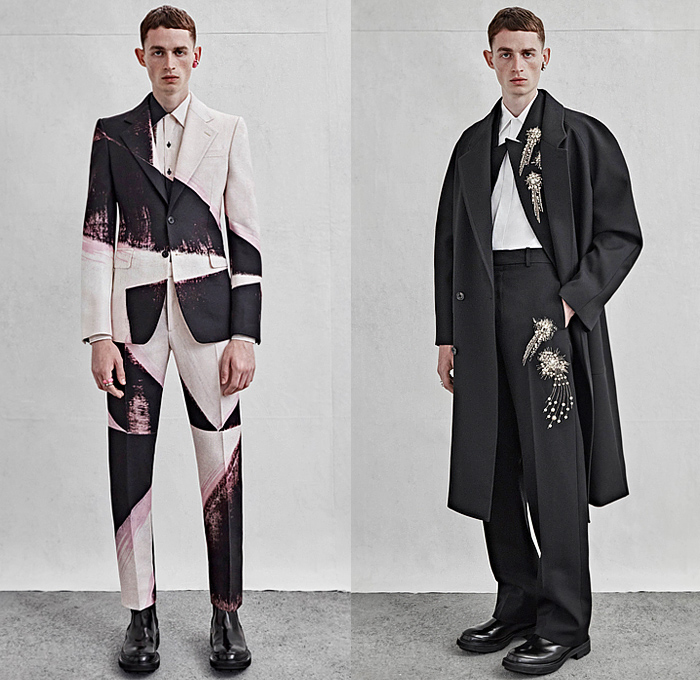 Alexander McQueen 2023 Spring Summer Mens Lookbook Presentation - Denim Jeans Jacket Utility Pockets Leather Grunge Paint Strip Trench Coat Suit Blazer Cape Hanging Sleeve Bedazzled Crystals Studs Comets Letters Typography Holes Cutout Knit Sweater Caftan Kaftan Shirtdress Single Button Vest Backpack Straps Woodworker Pants Workwear Shorts Wide Leg Tapered Cuffs Manpurse Tote Bag Boots Sneakers