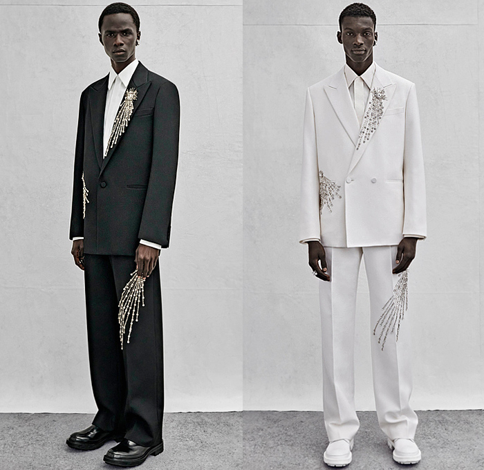 Alexander McQueen 2023 Spring Summer Mens Lookbook Presentation - Denim Jeans Jacket Utility Pockets Leather Grunge Paint Strip Trench Coat Suit Blazer Cape Hanging Sleeve Bedazzled Crystals Studs Comets Letters Typography Holes Cutout Knit Sweater Caftan Kaftan Shirtdress Single Button Vest Backpack Straps Woodworker Pants Workwear Shorts Wide Leg Tapered Cuffs Manpurse Tote Bag Boots Sneakers