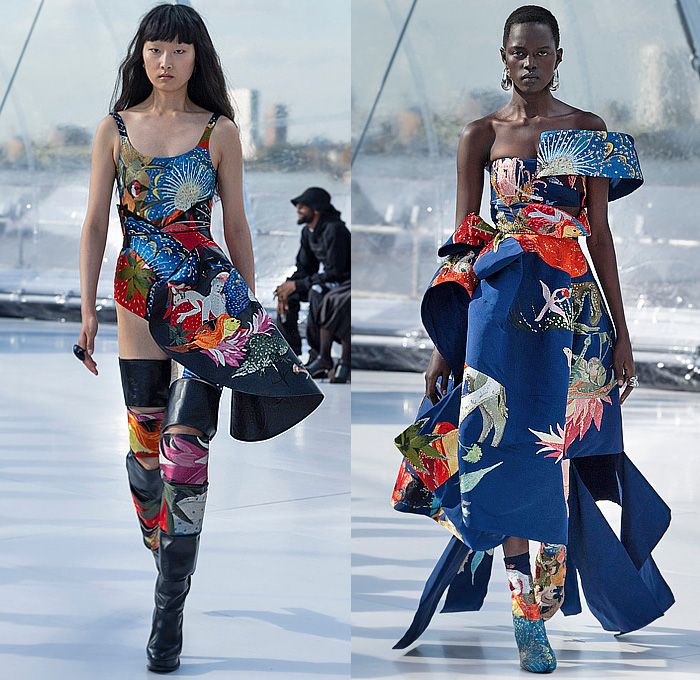 Alexander McQueen 2023 Spring Summer Womens Runway Collection - London UK - Hieronymus Bosch Renaissance Embroidery Fish Birds Plants Flowers Floral Denim Jeans Onesie Bodysuit Leotard Unitard Jumpsuit Pockets Peplum Cap Sleeve Slashed Slit Eye Asymmetrical Dress Gown Draped Crystals Beads Sequins Stones Blazer Pantsuit Tuxedo Jacket Cutout Waist Strapless Opera Gloves One Shoulder Turtleneck Halterneck Hooks Rings Tiered Blazerdress Mesh Thigh High Boots Handbag