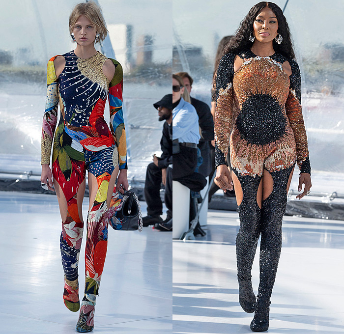 Alexander McQueen 2023 Spring Summer Womens Runway Collection - London UK - Hieronymus Bosch Renaissance Embroidery Fish Birds Plants Flowers Floral Denim Jeans Onesie Bodysuit Leotard Unitard Jumpsuit Pockets Peplum Cap Sleeve Slashed Slit Eye Asymmetrical Dress Gown Draped Crystals Beads Sequins Stones Blazer Pantsuit Tuxedo Jacket Cutout Waist Strapless Opera Gloves One Shoulder Turtleneck Halterneck Hooks Rings Tiered Blazerdress Mesh Thigh High Boots Handbag