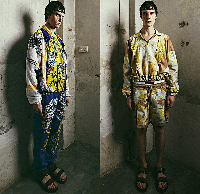 Antonio Marras 2023 Spring Summer Mens Lookbook Presentation - Milano Moda Uomo Primavera Estate Milan Fashion Week Menswear - Narciso Patchwork Panels Outerwear Anorak Windbreaker Hoodie Sweatshirt Decorative Art Ornaments Camo Camouflage Paisley Flowers Floral Leopard Cheetah Stripes Check Plaid Bedazzled Sequins Knit Sweater Loungewear Trackwear Jogger Cargo Pants Pockets Horse Saddle Blazer Suit Safari Jacket Robe Sandals Boots