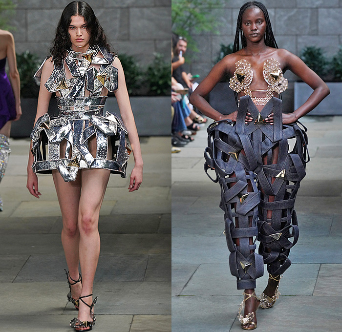 Area NYC 2023 Spring Summer Womens Runway Collection Best Looks Trendcasting Styles - New York Fashion Week NYFW - Tetrahedron Sculpture Polygon Pyramid Origami Spikes Thorns Bedazzled Gems Crystals Sequins Mesh Wires Denim Jeans Straps Belts Onesie Leotard Halterneck Bow Ribbons One Shoulder Crop Top Midriff Bikini Miniskirt Wide Leg Palazzo Pants Cutout Slashed Strapless Cupped Silk Satin Dress Draped Gladiator Boots