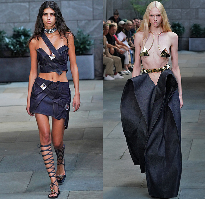 Area NYC 2023 Spring Summer Womens Runway Collection Best Looks Trendcasting Styles - New York Fashion Week NYFW - Tetrahedron Sculpture Polygon Pyramid Origami Spikes Thorns Bedazzled Gems Crystals Sequins Mesh Wires Denim Jeans Straps Belts Onesie Leotard Halterneck Bow Ribbons One Shoulder Crop Top Midriff Bikini Miniskirt Wide Leg Palazzo Pants Cutout Slashed Strapless Cupped Silk Satin Dress Draped Gladiator Boots