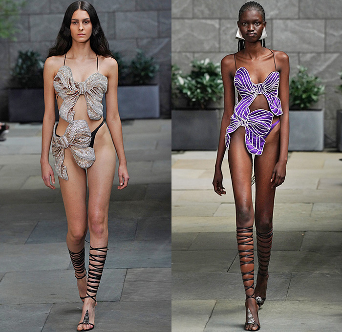 Area NYC 2023 Spring Summer Womens Runway Collection Best Looks Trendcasting Styles - New York Fashion Week NYFW - Tetrahedron Sculpture Polygon Pyramid Origami Spikes Thorns Bedazzled Gems Crystals Sequins Mesh Wires Denim Jeans Straps Belts Onesie Leotard Halterneck Bow Ribbons One Shoulder Crop Top Midriff Bikini Miniskirt Wide Leg Palazzo Pants Cutout Slashed Strapless Cupped Silk Satin Dress Draped Gladiator Boots
