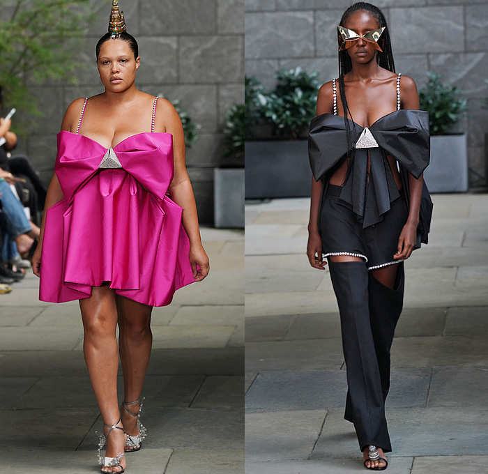 Area NYC 2023 Spring Summer Womens Runway Collection Best Looks Trendcasting Styles - New York Fashion Week NYFW - Tetrahedron Sculpture Polygon Pyramid Origami Spikes Thorns Bedazzled Gems Crystals Sequins Mesh Wires Denim Jeans Straps Belts Onesie Leotard Halterneck Bow Ribbons One Shoulder Crop Top Midriff Bikini Miniskirt Wide Leg Palazzo Pants Cutout Slashed Strapless Cupped Silk Satin Dress Draped Gladiator Boots