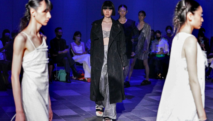 AYÂME by Aya Takeshima 2023 Spring Summer Womens Trend Watch - Rakuten Fashion Week Tokyo Japan - Puritan Collar Ruffles Frills Quilted Loungewear Knit Bell Sleeves Embossed Engraved Sheer Flowers Floral Trompe L'oeil Noodle Strap Wide Leg Culottes Crop Top Midriff Bandeau Frayed Raw Hem Fringes Onesie Jumpsuit Coveralls High Waist Boots Fur Sandals