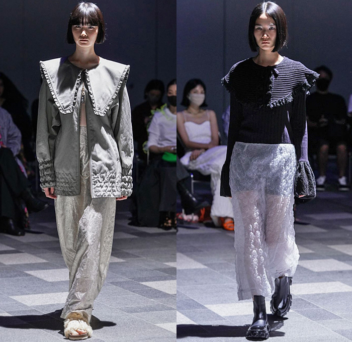 AYÂME by Aya Takeshima 2023 Spring Summer Womens Trend Watch - Rakuten Fashion Week Tokyo Japan - Puritan Collar Ruffles Frills Quilted Loungewear Knit Bell Sleeves Embossed Engraved Sheer Flowers Floral Trompe L'oeil Noodle Strap Wide Leg Culottes Crop Top Midriff Bandeau Frayed Raw Hem Fringes Onesie Jumpsuit Coveralls High Waist Boots Fur Sandals