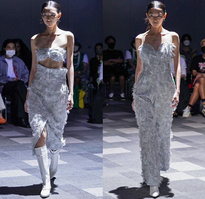 AYÂME by Aya Takeshima 2023 Spring Summer Womens Trend Watch - Rakuten Fashion Week Tokyo Japan - Puritan Collar Ruffles Frills Quilted Loungewear Knit Bell Sleeves Embossed Engraved Sheer Flowers Floral Trompe L'oeil Noodle Strap Wide Leg Culottes Crop Top Midriff Bandeau Frayed Raw Hem Fringes Onesie Jumpsuit Coveralls High Waist Boots Fur Sandals