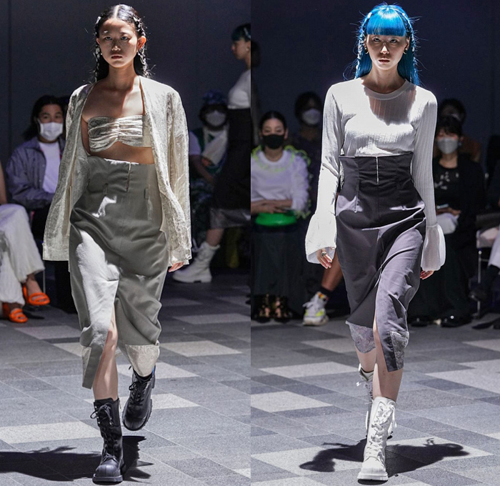 AYÂME by Aya Takeshima 2023 Spring Summer Womens Trend Watch - Rakuten Fashion Week Tokyo Japan - Puritan Collar Ruffles Frills Quilted Loungewear Knit Bell Sleeves Embossed Engraved Sheer Flowers Floral Trompe L'oeil Noodle Strap Wide Leg Culottes Crop Top Midriff Bandeau Frayed Raw Hem Fringes Onesie Jumpsuit Coveralls High Waist Boots Fur Sandals