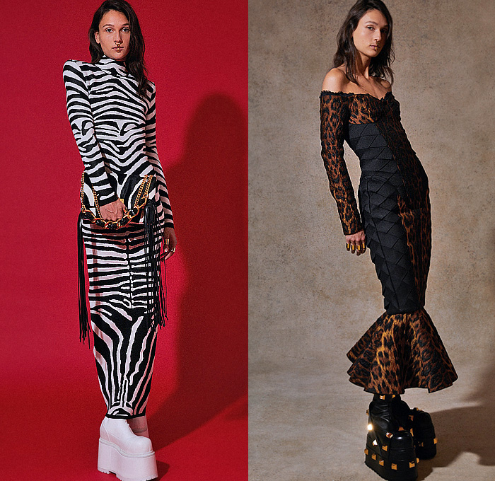 Balmain 2023 Resort Cruise Pre-Spring Womens Lookbook Highlights - Ancient Egypt Tutankhamen Mask Bandages Scarab Asp Snake Cobra Bedazzled Tiles Gemstones Metal Plates Crystals Rope Feathers Threads Studs Sequins Zebra Stripes Leopard Turtleneck Fringes Strapless Gown Quilted Puffer Coat Denim Jeans Breastplate Bandages Mummy Wrap Mummy Tied Knot Mesh Crosshatch Draped Velvet Mini Dress One Shoulder Asymmetrical Scarab Handbag Clutch Elevator Shoes