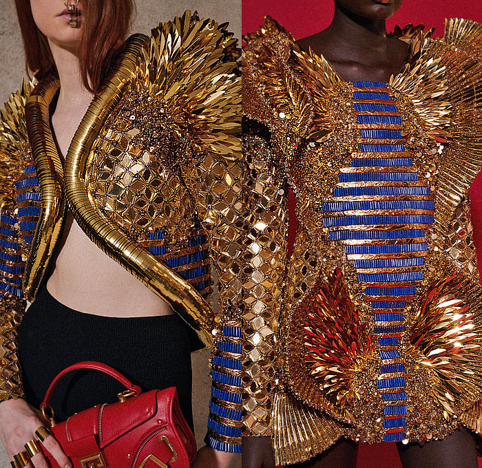 Balmain 2023 Resort Cruise Pre-Spring Womens Lookbook Highlights - Ancient Egypt Tutankhamen Mask Bandages Scarab Asp Snake Cobra Bedazzled Tiles Gemstones Metal Plates Crystals Rope Feathers Threads Studs Sequins Zebra Stripes Leopard Turtleneck Fringes Strapless Gown Quilted Puffer Coat Denim Jeans Breastplate Bandages Mummy Wrap Mummy Tied Knot Mesh Crosshatch Draped Velvet Mini Dress One Shoulder Asymmetrical Scarab Handbag Clutch Elevator Shoes