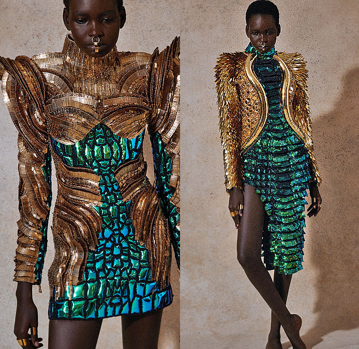 Balmain 2023 Resort Cruise Pre-Spring Womens Lookbook Highlights - Ancient Egypt Tutankhamen Mask Bandages Scarab Asp Snake Cobra Bedazzled Tiles Gemstones Metal Plates Crystals Rope Feathers Threads Studs Sequins Zebra Stripes Leopard Turtleneck Fringes Strapless Gown Quilted Puffer Coat Denim Jeans Breastplate Bandages Mummy Wrap Mummy Tied Knot Mesh Crosshatch Draped Velvet Mini Dress One Shoulder Asymmetrical Scarab Handbag Clutch Elevator Shoes