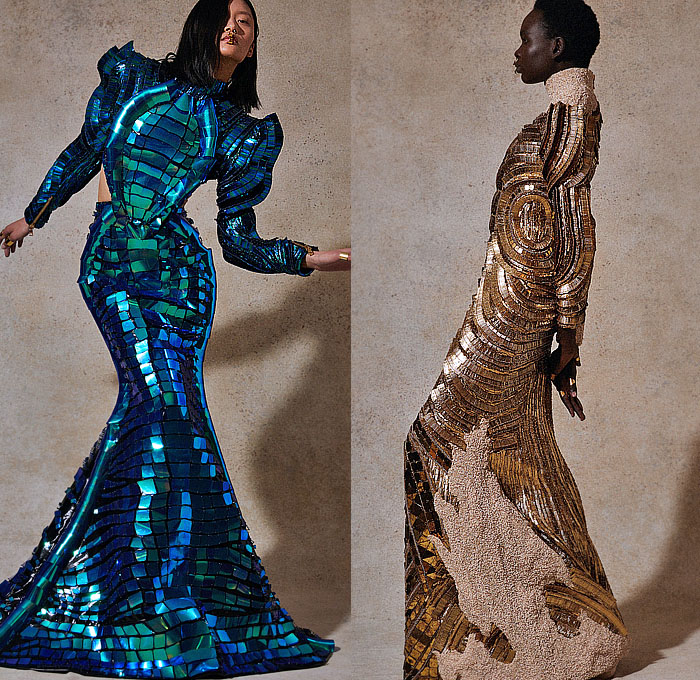 Balmain 2023 Resort Cruise Pre-Spring Womens Lookbook Highlights - Ancient Egypt Tutankhamen Mask Bandages Scarab Asp Snake Cobra Bedazzled Tiles Gemstones Metal Plates Crystals Rope Feathers Threads Studs Sequins Zebra Stripes Leopard Turtleneck Fringes Strapless Gown Quilted Puffer Coat Denim Jeans Breastplate Bandages Mummy Wrap Mummy Tied Knot Mesh Crosshatch Draped Velvet Mini Dress One Shoulder Asymmetrical Scarab Handbag Clutch Elevator Shoes