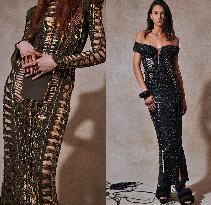 Balmain 2023 Resort Cruise Pre-Spring Womens Lookbook Highlights - Ancient Egypt Tutankhamen Mask Bandages Scarab Asp Snake Cobra Bedazzled Tiles Gemstones Metal Plates Crystals Rope Feathers Threads Studs Sequins Zebra Stripes Leopard Turtleneck Fringes Strapless Gown Quilted Puffer Coat Denim Jeans Breastplate Bandages Mummy Wrap Mummy Tied Knot Mesh Crosshatch Draped Velvet Mini Dress One Shoulder Asymmetrical Scarab Handbag Clutch Elevator Shoes