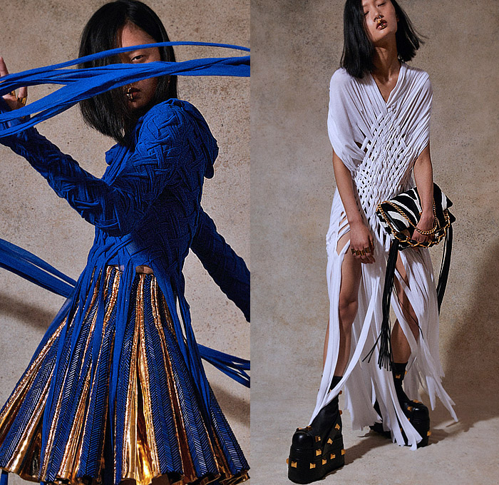 Balmain 2023 Resort Cruise Pre-Spring Womens Lookbook Highlights - Ancient Egypt Tutankhamen Mask Bandages Scarab Asp Snake Cobra Bedazzled Tiles Gemstones Metal Plates Crystals Rope Feathers Threads Studs Sequins Zebra Stripes Leopard Turtleneck Fringes Strapless Gown Quilted Puffer Coat Denim Jeans Breastplate Bandages Mummy Wrap Mummy Tied Knot Mesh Crosshatch Draped Velvet Mini Dress One Shoulder Asymmetrical Scarab Handbag Clutch Elevator Shoes