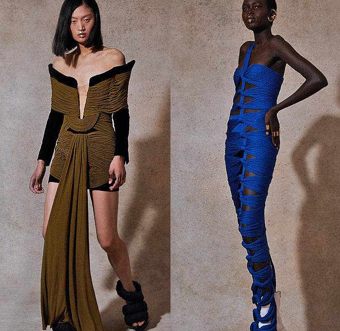 Balmain 2023 Resort Cruise Pre-Spring Womens Lookbook Highlights - Ancient Egypt Tutankhamen Mask Bandages Scarab Asp Snake Cobra Bedazzled Tiles Gemstones Metal Plates Crystals Rope Feathers Threads Studs Sequins Zebra Stripes Leopard Turtleneck Fringes Strapless Gown Quilted Puffer Coat Denim Jeans Breastplate Bandages Mummy Wrap Mummy Tied Knot Mesh Crosshatch Draped Velvet Mini Dress One Shoulder Asymmetrical Scarab Handbag Clutch Elevator Shoes