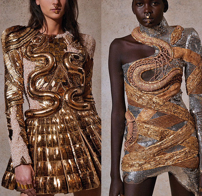 Balmain 2023 Resort Cruise Pre-Spring Womens Lookbook Highlights - Ancient Egypt Tutankhamen Mask Bandages Scarab Asp Snake Cobra Bedazzled Tiles Gemstones Metal Plates Crystals Rope Feathers Threads Studs Sequins Zebra Stripes Leopard Turtleneck Fringes Strapless Gown Quilted Puffer Coat Denim Jeans Breastplate Bandages Mummy Wrap Mummy Tied Knot Mesh Crosshatch Draped Velvet Mini Dress One Shoulder Asymmetrical Scarab Handbag Clutch Elevator Shoes