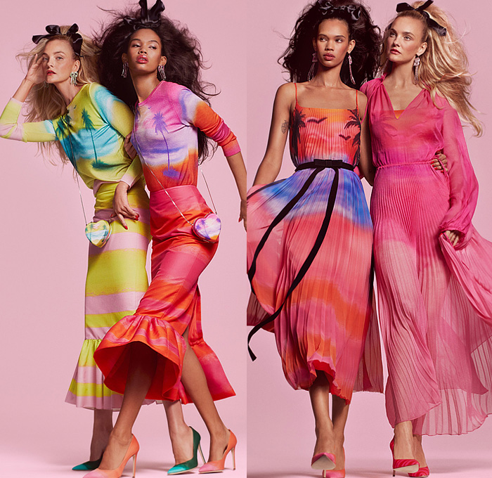 Brandon Maxwell 2023 Resort Cruise Pre-Spring Womens Lookbook Presentation - California Coast Ocean Sea Palm Trees Silhouette Landscape Airbrush Stripes Peplum Colorful Maxi Dress Creases Tied Gown Denim Jeans Dip-Dye Ombré Poodle Skirt Parka Anorak Swimsuit Sheer Accordion Pleats Crop Top Midriff Wide Leg Palazzo Pants Noodle Strap Ruffles Bodycon Fringes Flapper Knit Turtleneck Sweater Blazer Jacket Pantsuit High Slit Ribbon Heart Handbag Tote