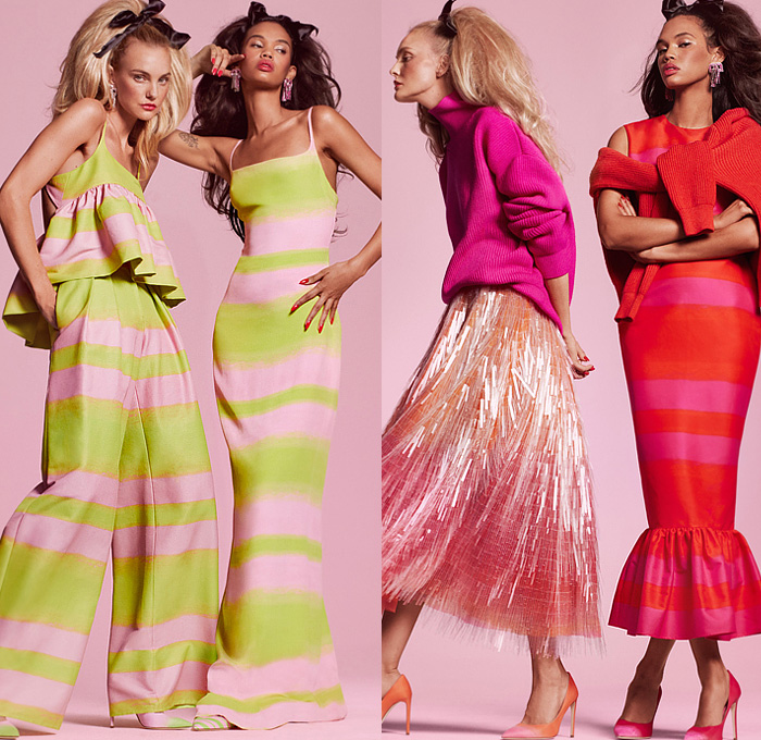 Brandon Maxwell 2023 Resort Cruise Pre-Spring Womens Lookbook Presentation - California Coast Ocean Sea Palm Trees Silhouette Landscape Airbrush Stripes Peplum Colorful Maxi Dress Creases Tied Gown Denim Jeans Dip-Dye Ombré Poodle Skirt Parka Anorak Swimsuit Sheer Accordion Pleats Crop Top Midriff Wide Leg Palazzo Pants Noodle Strap Ruffles Bodycon Fringes Flapper Knit Turtleneck Sweater Blazer Jacket Pantsuit High Slit Ribbon Heart Handbag Tote