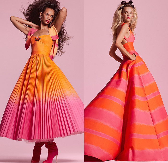 Brandon Maxwell 2023 Resort Cruise Pre-Spring Womens Lookbook Presentation - California Coast Ocean Sea Palm Trees Silhouette Landscape Airbrush Stripes Peplum Colorful Maxi Dress Creases Tied Gown Denim Jeans Dip-Dye Ombré Poodle Skirt Parka Anorak Swimsuit Sheer Accordion Pleats Crop Top Midriff Wide Leg Palazzo Pants Noodle Strap Ruffles Bodycon Fringes Flapper Knit Turtleneck Sweater Blazer Jacket Pantsuit High Slit Ribbon Heart Handbag Tote