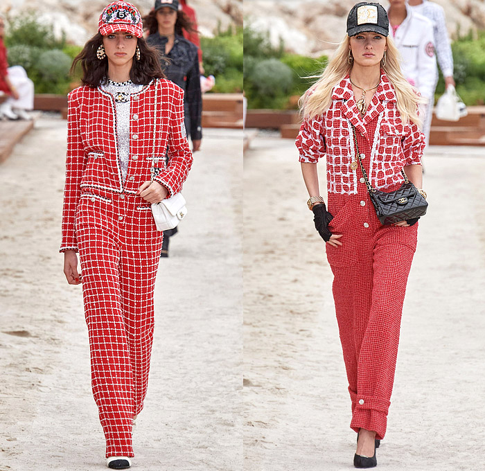 Chanel 2023 Resort Cruise Pre-Spring Womens Runway Collection - Monte-Carlo Beach Monaco Riviera - Race Car Driver Racing Flags Mechanic Overalls Onesie Jumpsuit Knit Crochet Flowers Floral Sequins Tweed Check Crop Top Midriff Foil Metallic Ruffles Halterneck Bib Bomber Jacket Cardigan Shirtdress Swimsuit Sheer Tulle Stripes Coat Logo Lace Wide Leg Jogger Shorts Miniskirt Stockings Dress Gown Strapless Feathers One Shoulder Handbag Lanyard Hat Gloves Tennis Racket Pouch Helmet