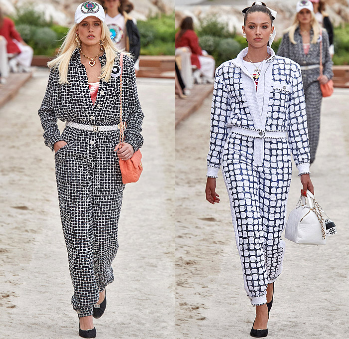 Chanel 2023 Resort Cruise Pre-Spring Womens Runway Collection - Monte-Carlo Beach Monaco Riviera - Race Car Driver Racing Flags Mechanic Overalls Onesie Jumpsuit Knit Crochet Flowers Floral Sequins Tweed Check Crop Top Midriff Foil Metallic Ruffles Halterneck Bib Bomber Jacket Cardigan Shirtdress Swimsuit Sheer Tulle Stripes Coat Logo Lace Wide Leg Jogger Shorts Miniskirt Stockings Dress Gown Strapless Feathers One Shoulder Handbag Lanyard Hat Gloves Tennis Racket Pouch Helmet