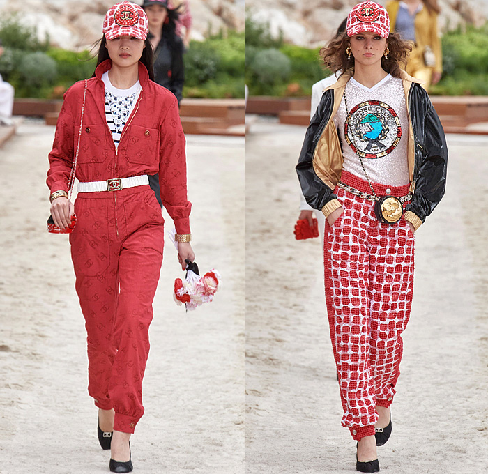 Chanel 2023 Resort Cruise Pre-Spring Womens Runway Collection - Monte-Carlo Beach Monaco Riviera - Race Car Driver Racing Flags Mechanic Overalls Onesie Jumpsuit Knit Crochet Flowers Floral Sequins Tweed Check Crop Top Midriff Foil Metallic Ruffles Halterneck Bib Bomber Jacket Cardigan Shirtdress Swimsuit Sheer Tulle Stripes Coat Logo Lace Wide Leg Jogger Shorts Miniskirt Stockings Dress Gown Strapless Feathers One Shoulder Handbag Lanyard Hat Gloves Tennis Racket Pouch Helmet