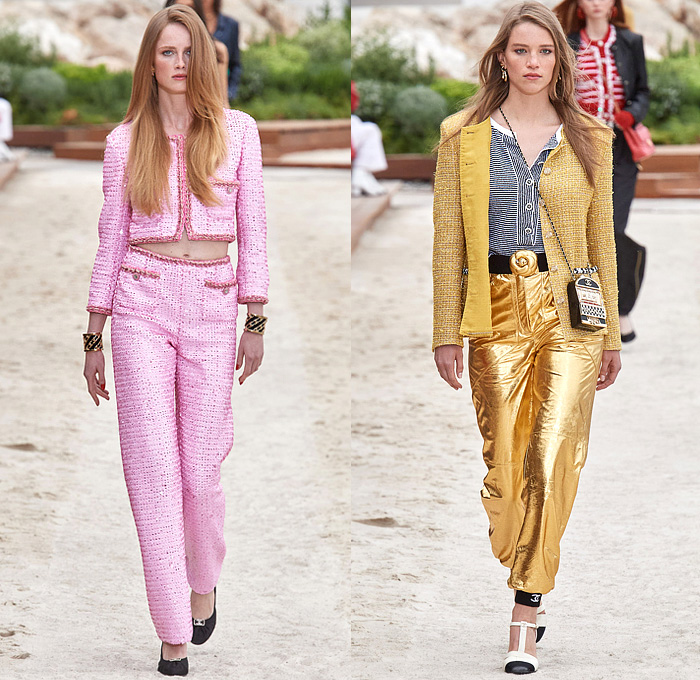 Chanel 2023 Resort Cruise Pre-Spring Womens Runway Collection - Monte-Carlo Beach Monaco Riviera - Race Car Driver Racing Flags Mechanic Overalls Onesie Jumpsuit Knit Crochet Flowers Floral Sequins Tweed Check Crop Top Midriff Foil Metallic Ruffles Halterneck Bib Bomber Jacket Cardigan Shirtdress Swimsuit Sheer Tulle Stripes Coat Logo Lace Wide Leg Jogger Shorts Miniskirt Stockings Dress Gown Strapless Feathers One Shoulder Handbag Lanyard Hat Gloves Tennis Racket Pouch Helmet