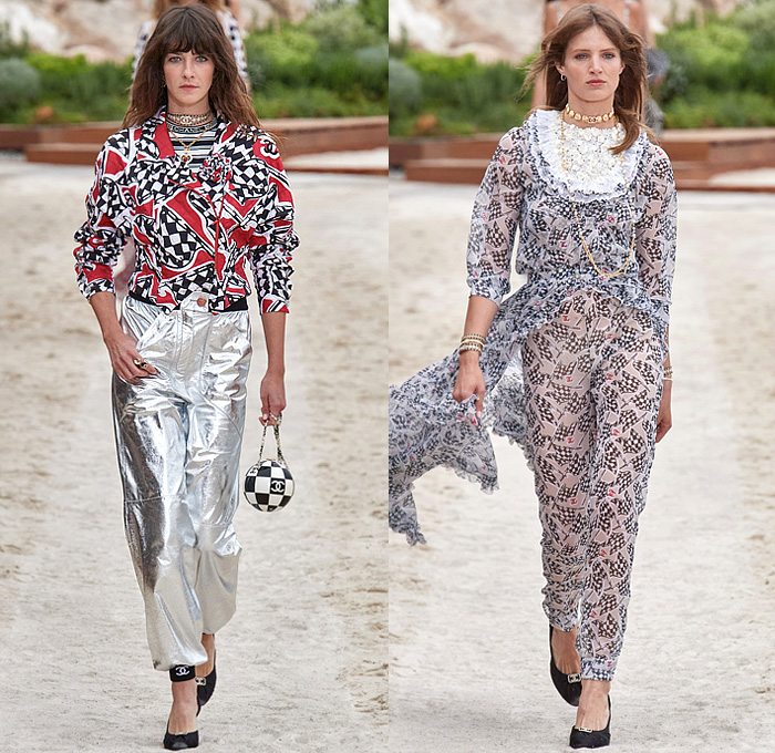 Chanel 2023 Resort Cruise Pre-Spring Womens Runway Collection - Monte-Carlo Beach Monaco Riviera - Race Car Driver Racing Flags Mechanic Overalls Onesie Jumpsuit Knit Crochet Flowers Floral Sequins Tweed Check Crop Top Midriff Foil Metallic Ruffles Halterneck Bib Bomber Jacket Cardigan Shirtdress Swimsuit Sheer Tulle Stripes Coat Logo Lace Wide Leg Jogger Shorts Miniskirt Stockings Dress Gown Strapless Feathers One Shoulder Handbag Lanyard Hat Gloves Tennis Racket Pouch Helmet