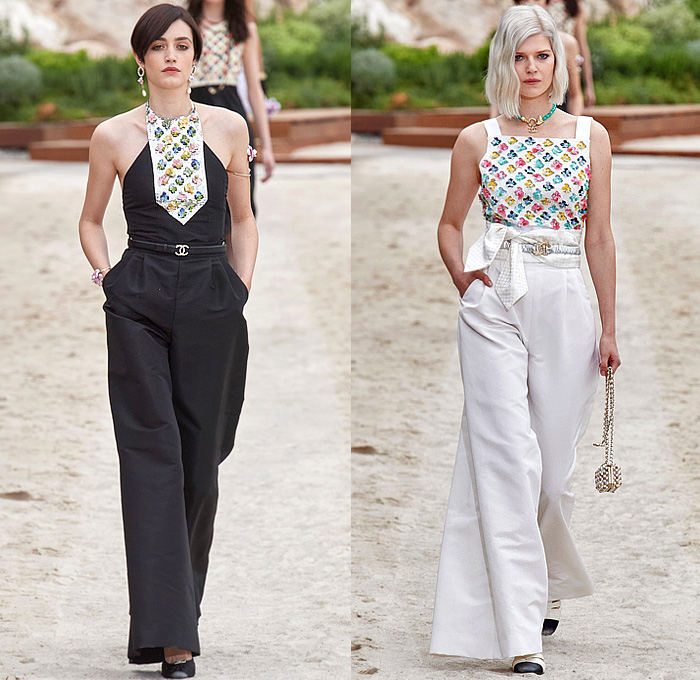 Chanel 2023 Resort Cruise Pre-Spring Womens Runway Collection - Monte-Carlo Beach Monaco Riviera - Race Car Driver Racing Flags Mechanic Overalls Onesie Jumpsuit Knit Crochet Flowers Floral Sequins Tweed Check Crop Top Midriff Foil Metallic Ruffles Halterneck Bib Bomber Jacket Cardigan Shirtdress Swimsuit Sheer Tulle Stripes Coat Logo Lace Wide Leg Jogger Shorts Miniskirt Stockings Dress Gown Strapless Feathers One Shoulder Handbag Lanyard Hat Gloves Tennis Racket Pouch Helmet