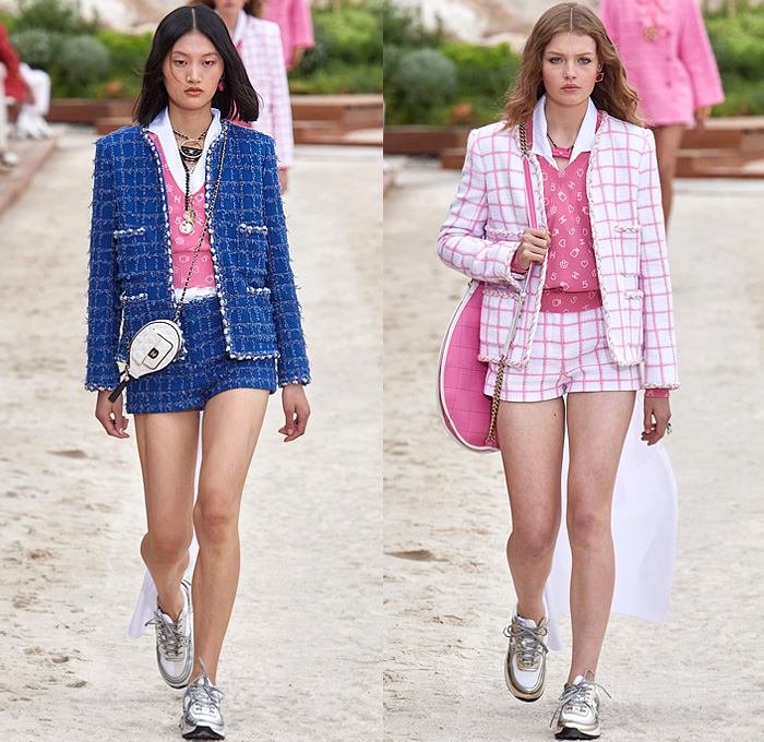 Chanel 2023 Resort Cruise Pre-Spring Womens Runway Collection - Monte-Carlo Beach Monaco Riviera - Race Car Driver Racing Flags Mechanic Overalls Onesie Jumpsuit Knit Crochet Flowers Floral Sequins Tweed Check Crop Top Midriff Foil Metallic Ruffles Halterneck Bib Bomber Jacket Cardigan Shirtdress Swimsuit Sheer Tulle Stripes Coat Logo Lace Wide Leg Jogger Shorts Miniskirt Stockings Dress Gown Strapless Feathers One Shoulder Handbag Lanyard Hat Gloves Tennis Racket Pouch Helmet