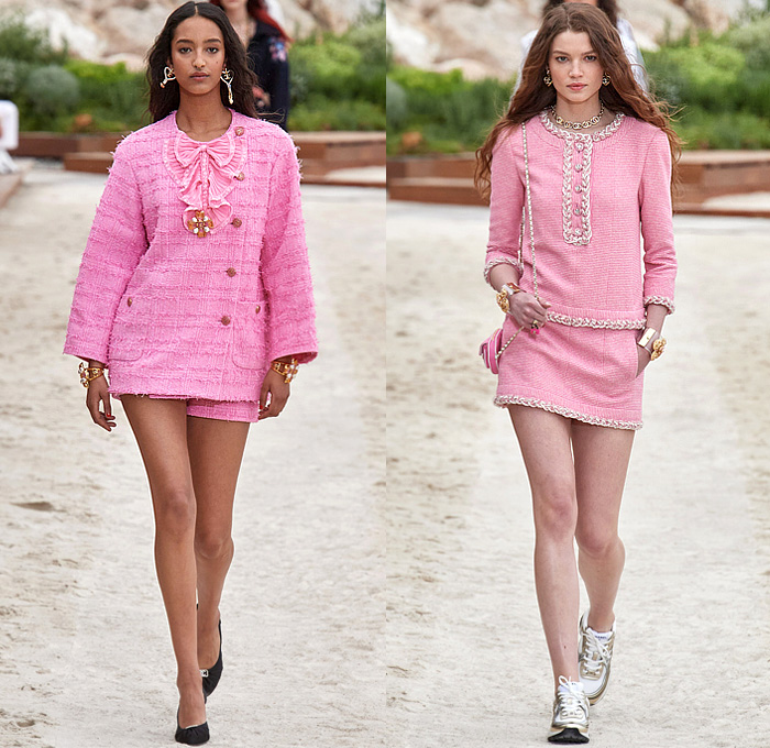 Chanel 2023 Resort Cruise Pre-Spring Womens Runway Collection - Monte-Carlo Beach Monaco Riviera - Race Car Driver Racing Flags Mechanic Overalls Onesie Jumpsuit Knit Crochet Flowers Floral Sequins Tweed Check Crop Top Midriff Foil Metallic Ruffles Halterneck Bib Bomber Jacket Cardigan Shirtdress Swimsuit Sheer Tulle Stripes Coat Logo Lace Wide Leg Jogger Shorts Miniskirt Stockings Dress Gown Strapless Feathers One Shoulder Handbag Lanyard Hat Gloves Tennis Racket Pouch Helmet