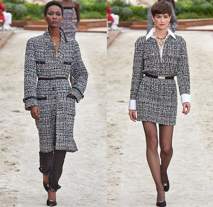 Chanel 2023 Resort Cruise Pre-Spring Womens Runway Collection - Monte-Carlo Beach Monaco Riviera - Race Car Driver Racing Flags Mechanic Overalls Onesie Jumpsuit Knit Crochet Flowers Floral Sequins Tweed Check Crop Top Midriff Foil Metallic Ruffles Halterneck Bib Bomber Jacket Cardigan Shirtdress Swimsuit Sheer Tulle Stripes Coat Logo Lace Wide Leg Jogger Shorts Miniskirt Stockings Dress Gown Strapless Feathers One Shoulder Handbag Lanyard Hat Gloves Tennis Racket Pouch Helmet