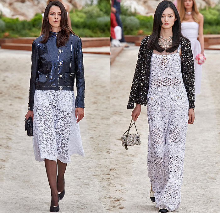 Chanel 2023 Resort Cruise Pre-Spring Womens Runway Collection - Monte-Carlo Beach Monaco Riviera - Race Car Driver Racing Flags Mechanic Overalls Onesie Jumpsuit Knit Crochet Flowers Floral Sequins Tweed Check Crop Top Midriff Foil Metallic Ruffles Halterneck Bib Bomber Jacket Cardigan Shirtdress Swimsuit Sheer Tulle Stripes Coat Logo Lace Wide Leg Jogger Shorts Miniskirt Stockings Dress Gown Strapless Feathers One Shoulder Handbag Lanyard Hat Gloves Tennis Racket Pouch Helmet