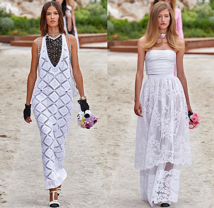 Chanel 2023 Resort Cruise Pre-Spring Womens Runway Collection - Monte-Carlo Beach Monaco Riviera - Race Car Driver Racing Flags Mechanic Overalls Onesie Jumpsuit Knit Crochet Flowers Floral Sequins Tweed Check Crop Top Midriff Foil Metallic Ruffles Halterneck Bib Bomber Jacket Cardigan Shirtdress Swimsuit Sheer Tulle Stripes Coat Logo Lace Wide Leg Jogger Shorts Miniskirt Stockings Dress Gown Strapless Feathers One Shoulder Handbag Lanyard Hat Gloves Tennis Racket Pouch Helmet